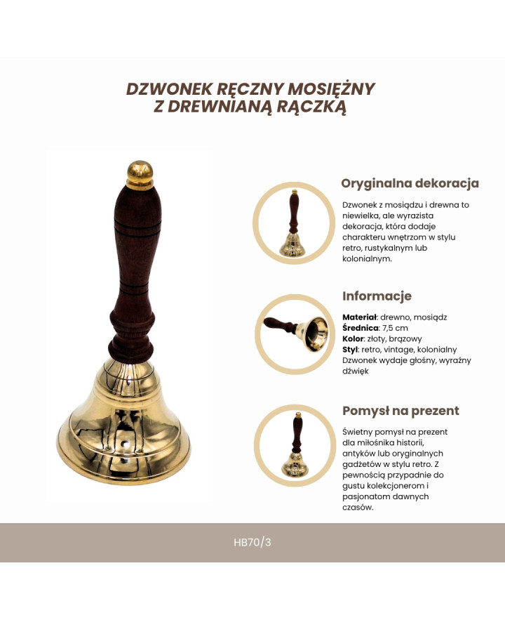 Brass Hand Bell with Wooden Handle – Retro – HB70/3