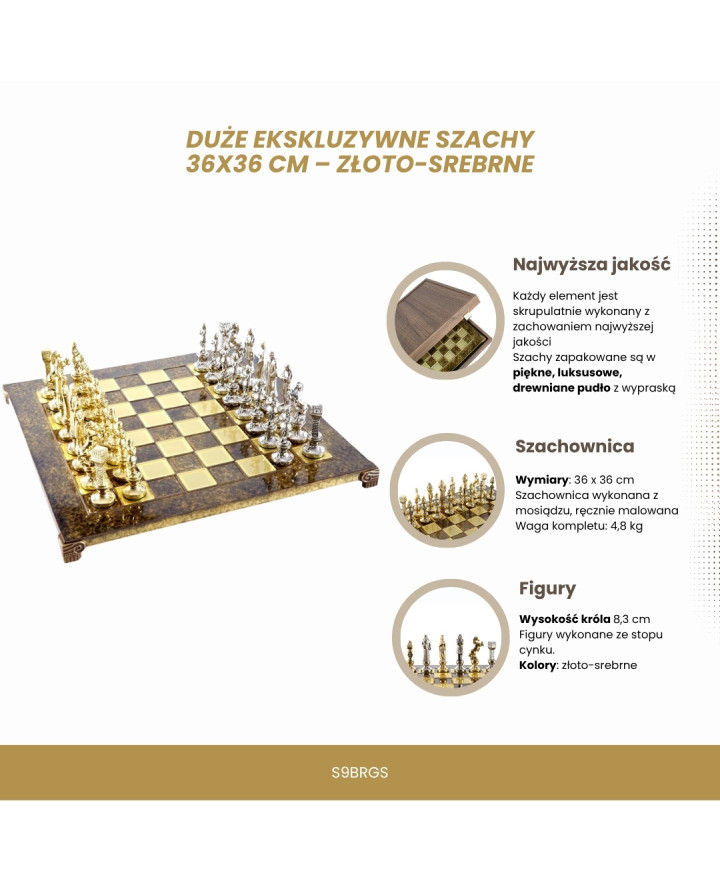 Large Luxury Chess Set – 36x36 cm – Gold and Silver -  Renesans S9BRGS