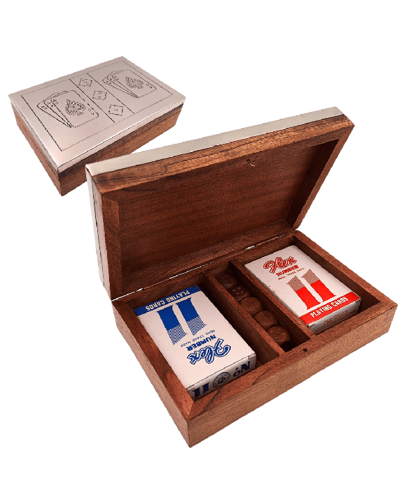 Two Decks of Cards and Dice in a Wooden Box with an Aluminium Lid - DC-004