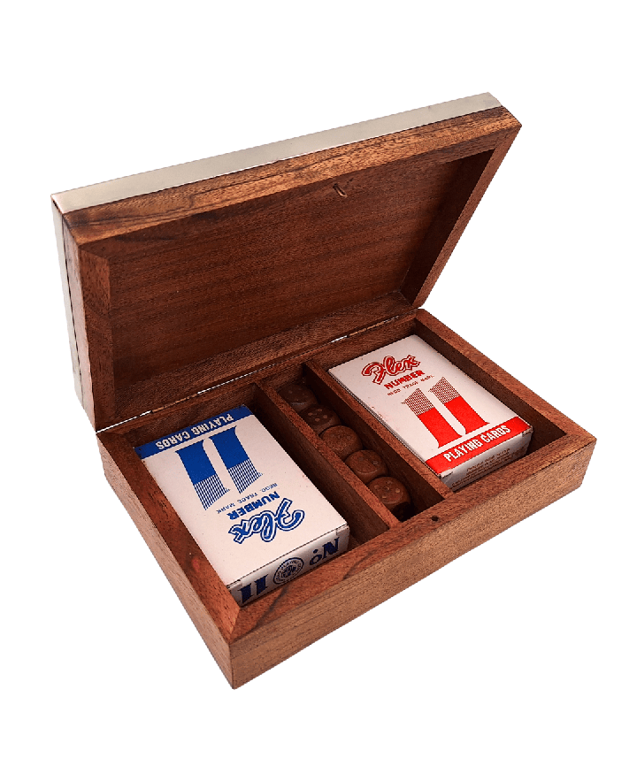 Two Decks of Cards and Dice in a Wooden Box with an Aluminium Lid - DC-004