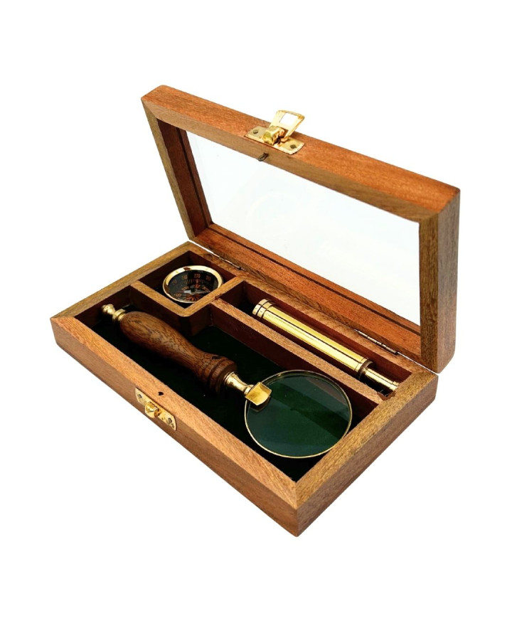 Traveller's Set – Telescope + Compass + Magnifying Glass in a Wooden Box – NC2677AZ