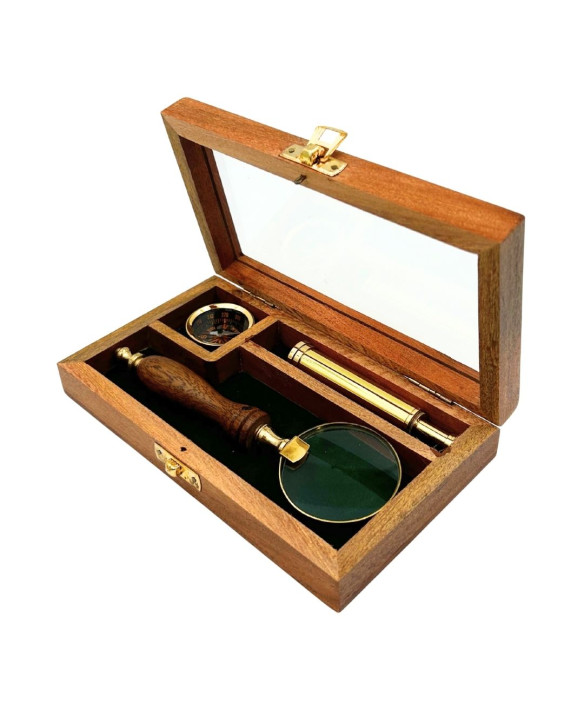 Traveller's Set – Telescope + Compass + Magnifying Glass in a Wooden Box – NC2677AZ
