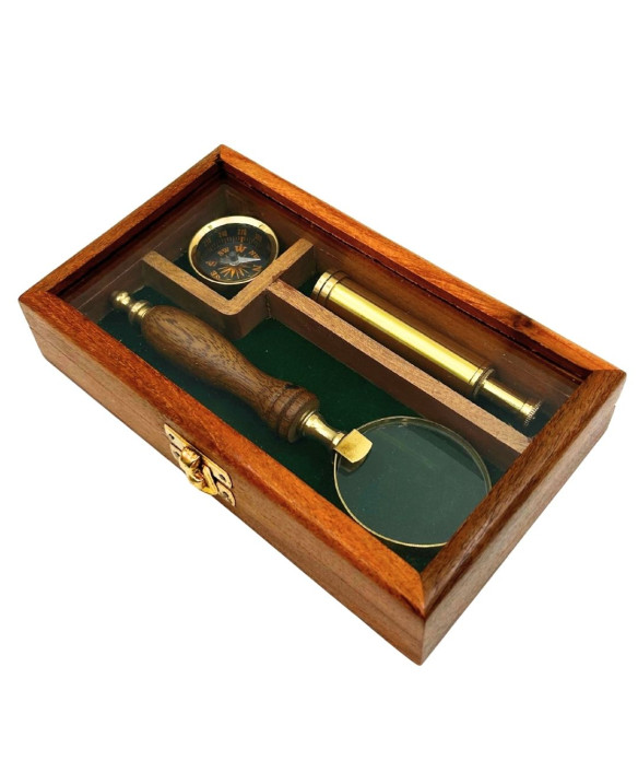 Traveller's Set – Telescope + Compass + Magnifying Glass in a Wooden Box – NC2677AZ