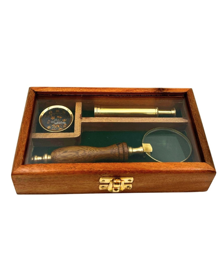 Traveller's Set – Telescope + Compass + Magnifying Glass in a Wooden Box – NC2677AZ