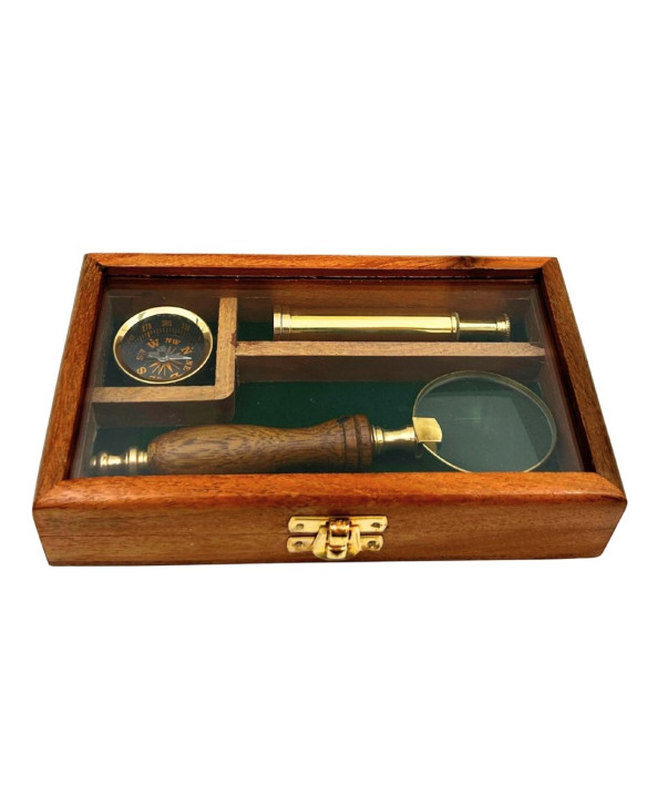 Traveller's Set – Telescope + Compass + Magnifying Glass in a Wooden Box – NC2677AZ