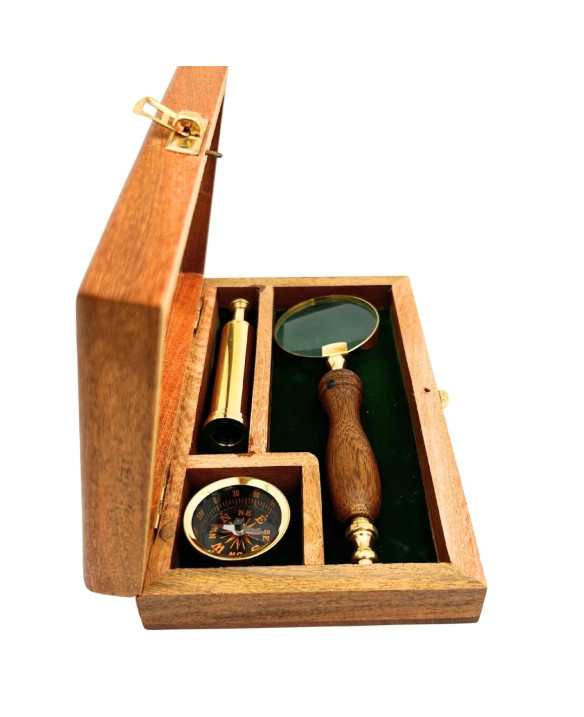 Traveller's Set – Telescope + Compass + Magnifying Glass in a Wooden Box – NC2677AZ