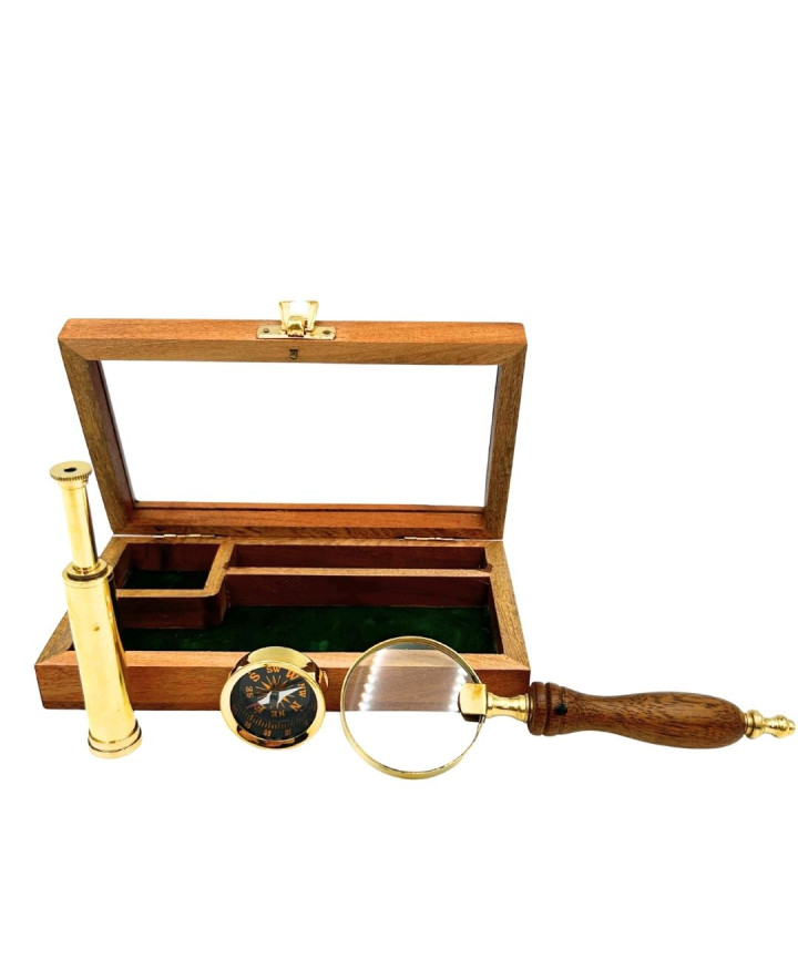 Traveller's Set – Telescope + Compass + Magnifying Glass in a Wooden Box – NC2677AZ