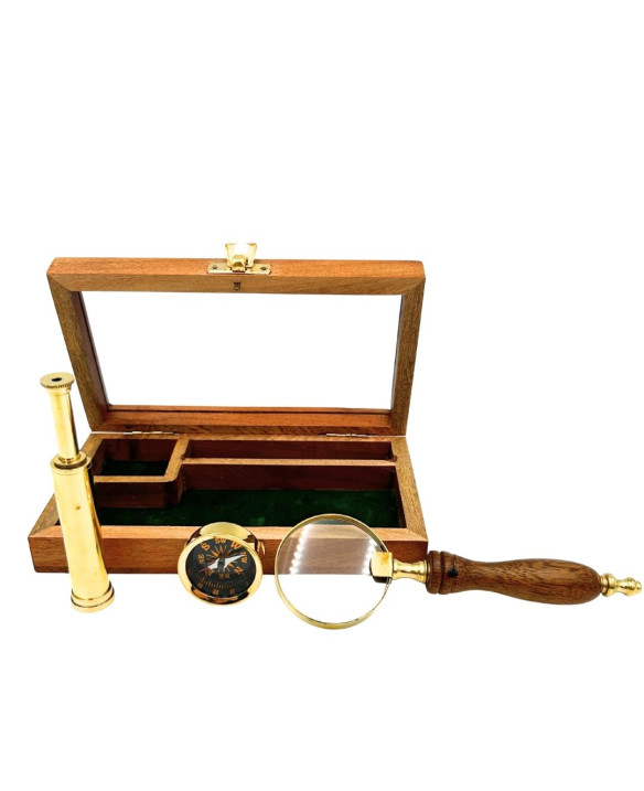 Traveller's Set – Telescope + Compass + Magnifying Glass in a Wooden Box – NC2677AZ