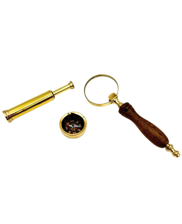 Traveller's Set – Telescope + Compass + Magnifying Glass in a Wooden Box – NC2677AZ