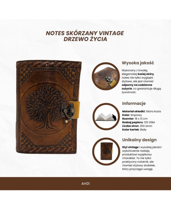 Vintage Retro Leather Notebook, 200 pages – Tree of Life - AH01