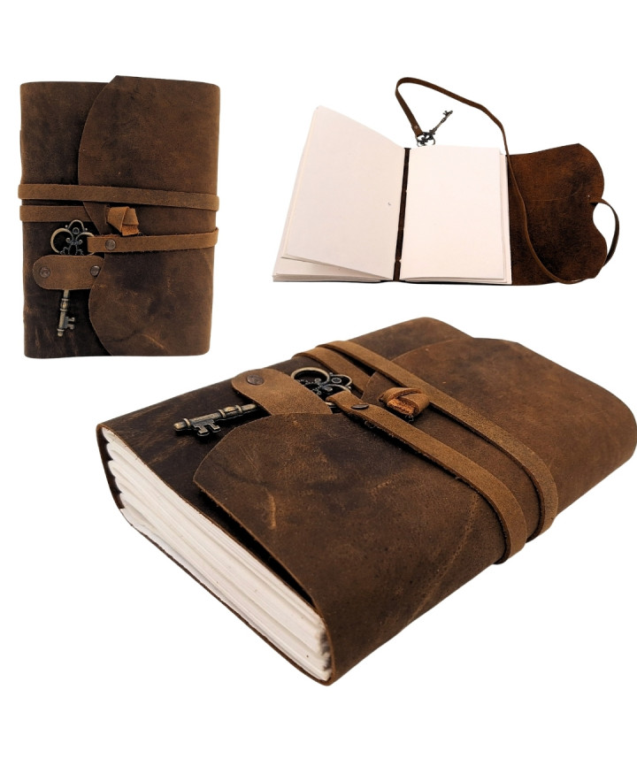 Retro Leather Notebook with Key and Strap, 200 pages, 18 x 13 cm - AH02