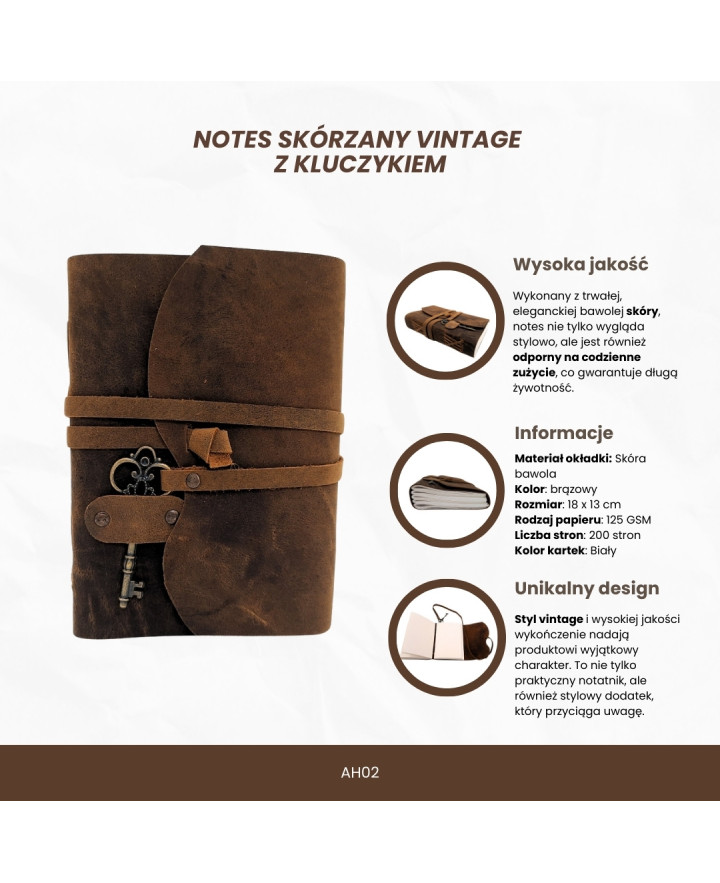 Retro Leather Notebook with Key and Strap, 200 pages, 18 x 13 cm - AH02
