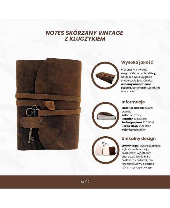 Retro Leather Notebook with Key and Strap, 200 pages, 18 x 13 cm - AH02