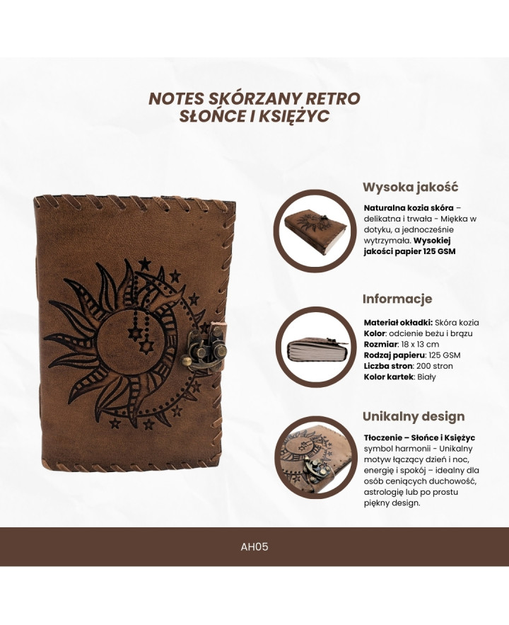 Retro Leather Notebook, 200 pages, Sun and Moon design – AH05