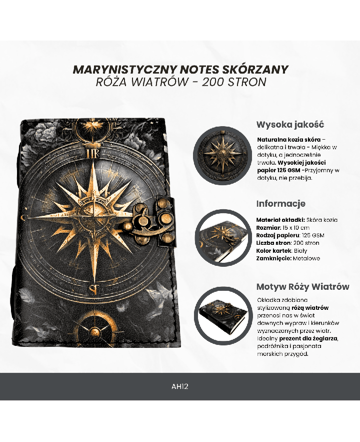 Notes Skórzany Pamiętnik Retro Róża Wiatrów 200 stron - AH12