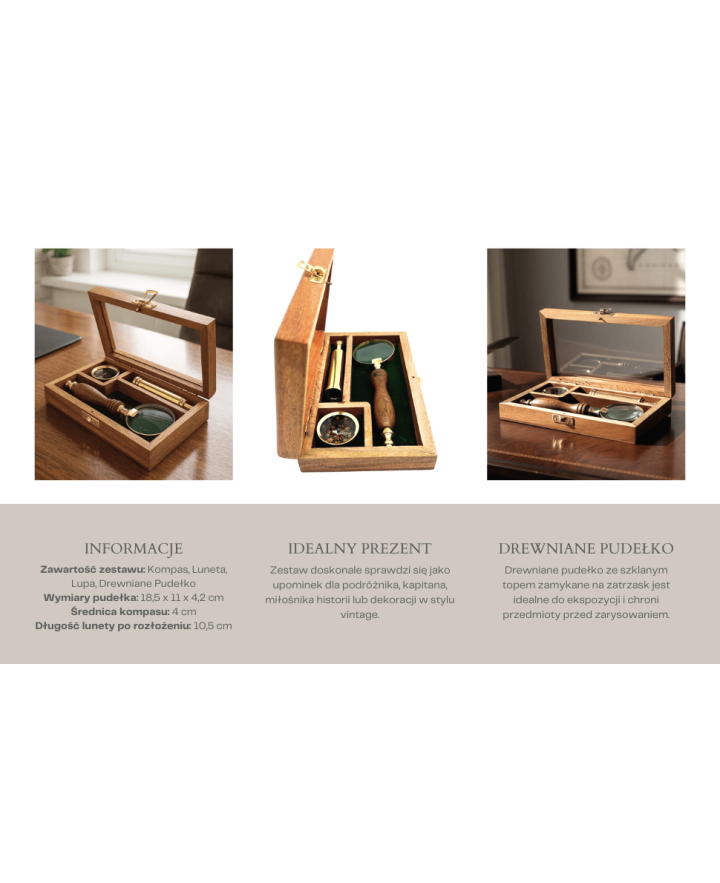 Traveller's Set – Telescope + Compass + Magnifying Glass in a Wooden Box – NC2677AZ