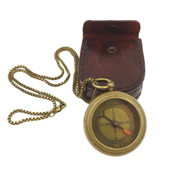 Stylowy Kompas Mosiężny z Łańcuszkiem w Skórzanym Etui - COM-0470A