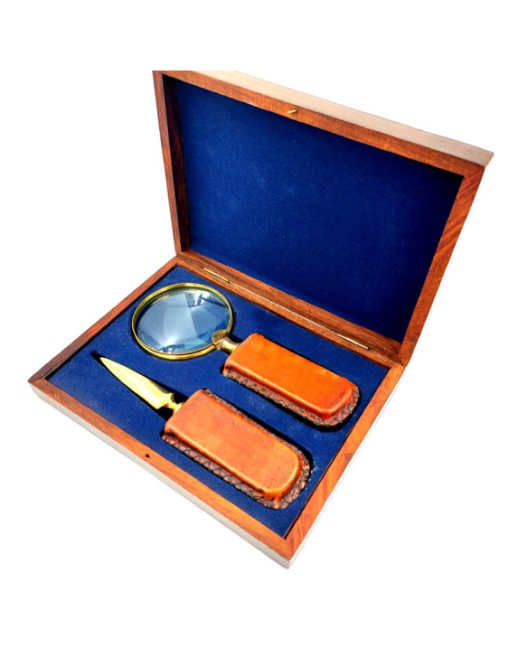 Brass magnifying glass and letter opener – leather-wrapped handle MFPCSOL
