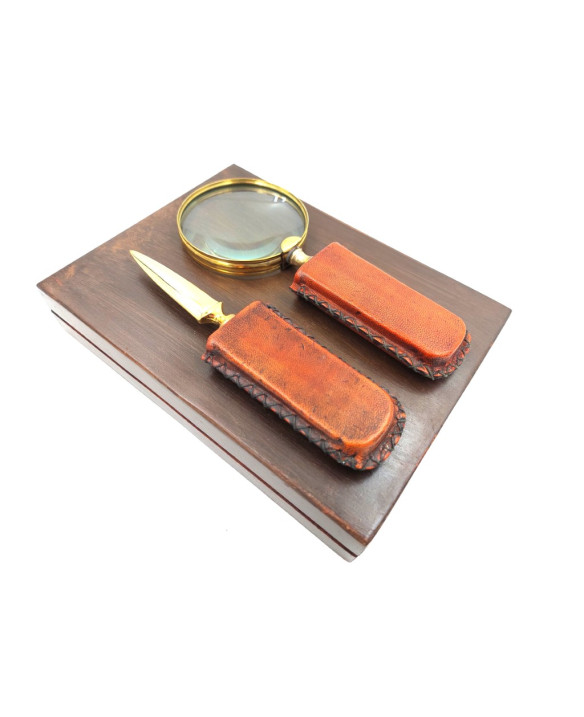 Brass magnifying glass and letter opener – leather-wrapped handle MFPCSOL