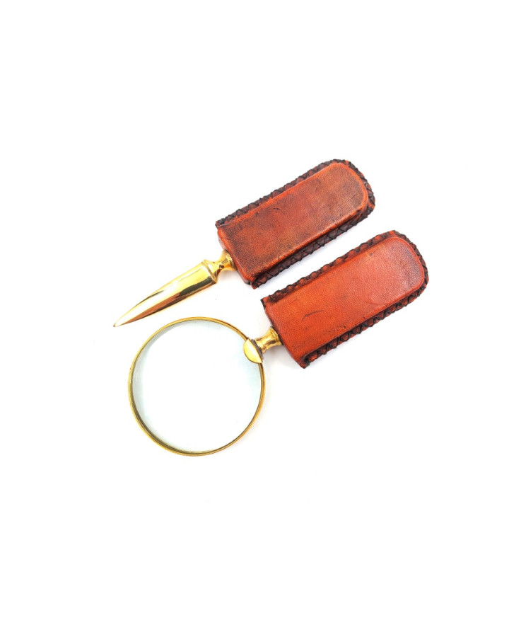 Brass magnifying glass and letter opener – leather-wrapped handle MFPCSOL