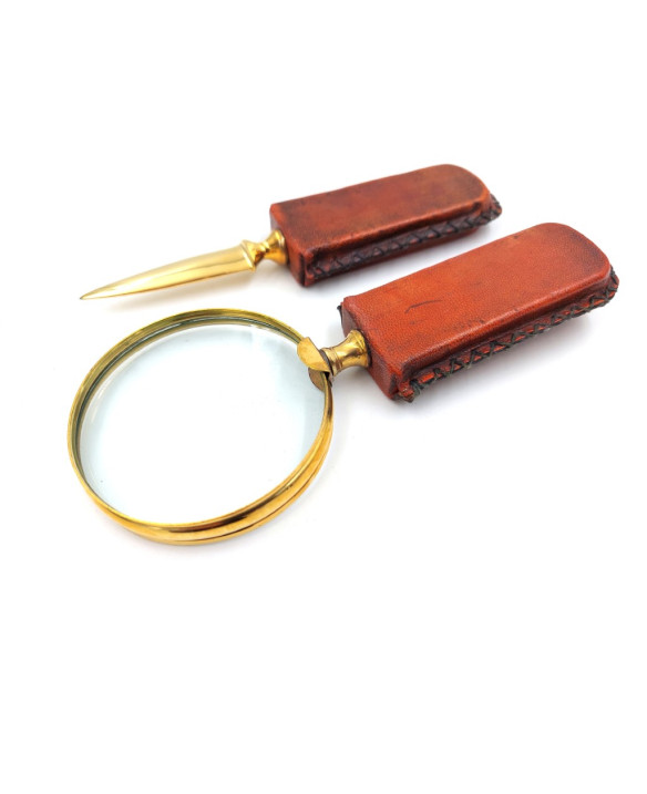 Brass magnifying glass and letter opener – leather-wrapped handle MFPCSOL