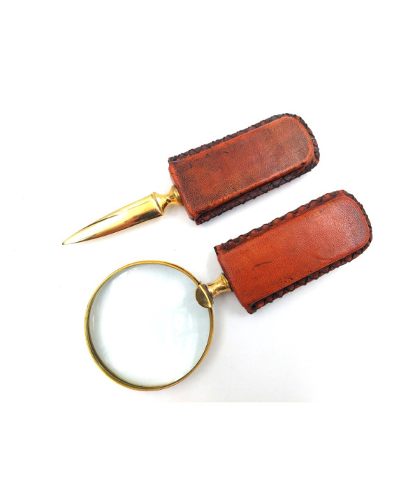 Brass magnifying glass and letter opener – leather-wrapped handle MFPCSOL